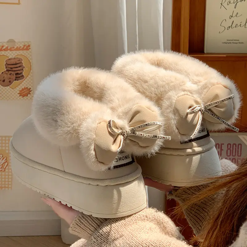 Bowknot Cotton Slippers for Women, Winter Style with Heel Cover, Fleece-Lined Cotton Shoes, New Style, Girly Style, Warm, Thick-Soled, Suitable for Outdoor Wear, Unisex - Image 2