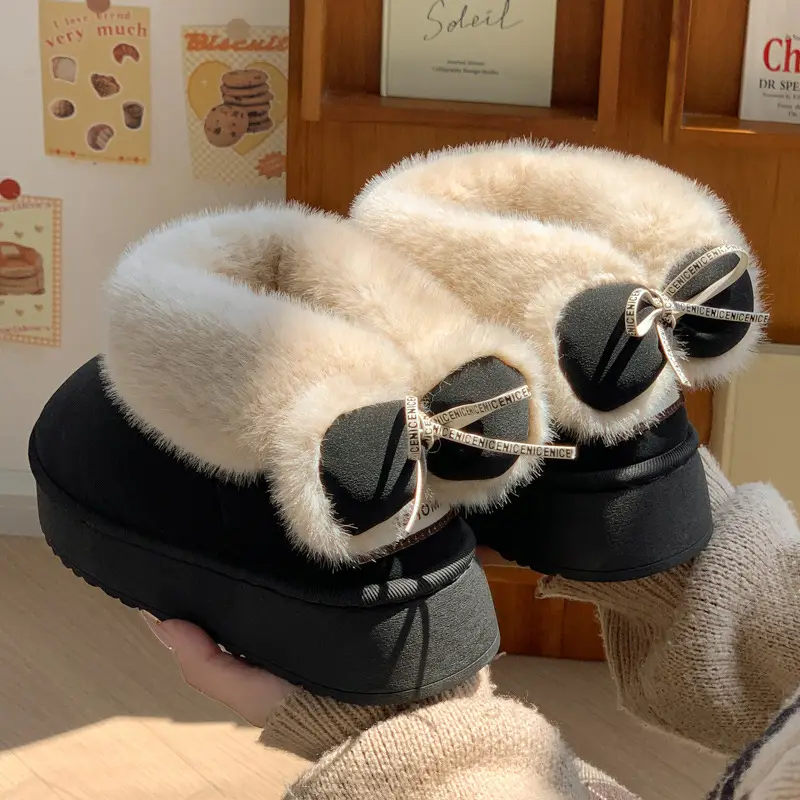 Bowknot Cotton Slippers for Women, Winter Style with Heel Cover, Fleece-Lined Cotton Shoes, New Style, Girly Style, Warm, Thick-Soled, Suitable for Outdoor Wear, Unisex - Image 3