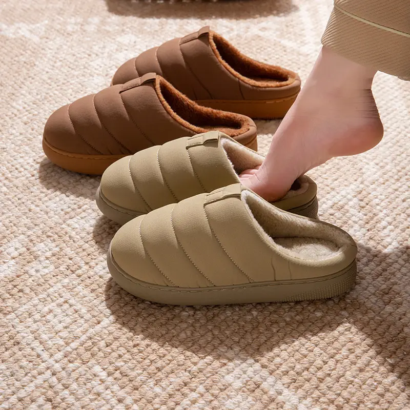 Women Cotton Warm Slippers Winter Wear Thick Sole Beige Brown - Image 4