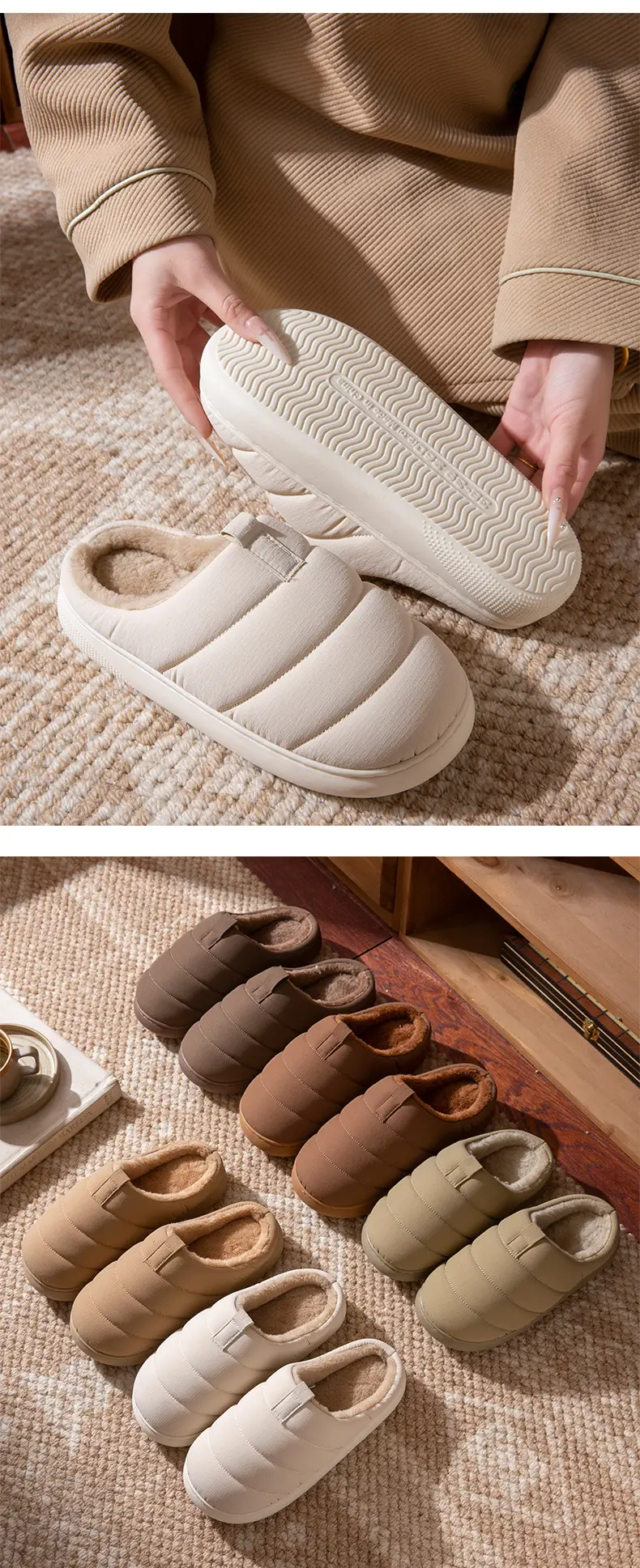 Women Cotton Warm Slippers Winter Wear Thick Sole Beige Brown — feature 11