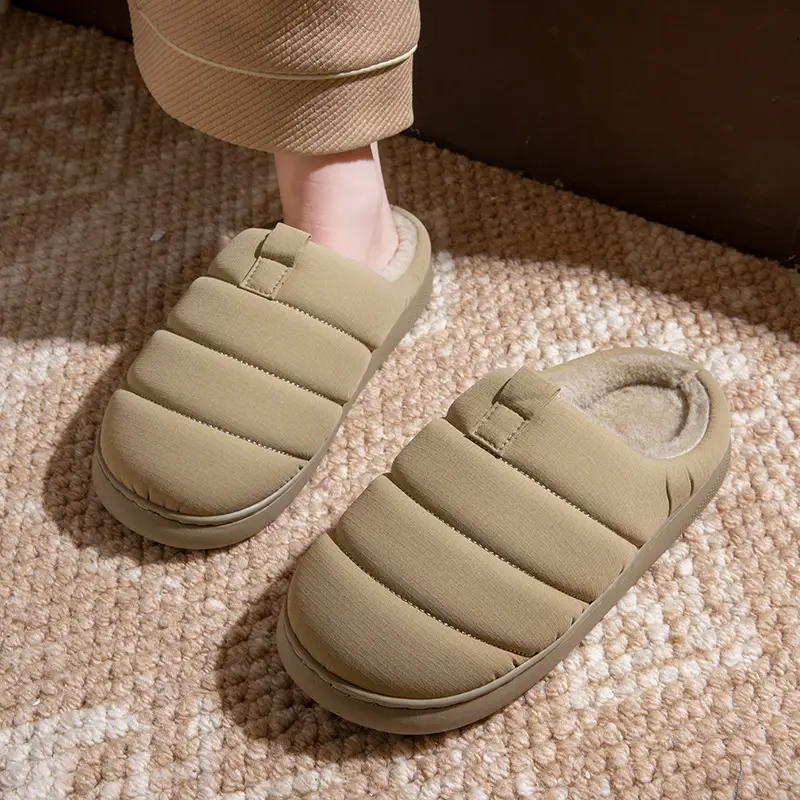Women Cotton Warm Slippers Winter Wear Thick Sole Beige Brown - Image 2