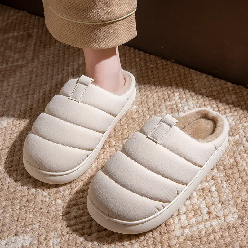 Women Cotton Warm Slippers Winter Wear Thick Sole Beige Brown - Image 3