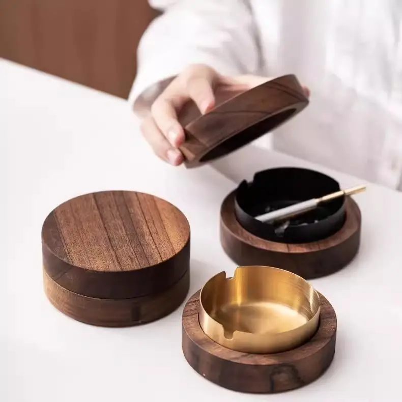 New Walnut Chinese Style Wind-Proof Fly Ash Ashtray Solid Wood Innovative Home Design Office Hotel Mahogany Tea