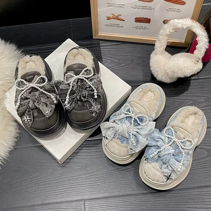 Women's Bow Knot Fur Slippers Blue White Winter - Image 2