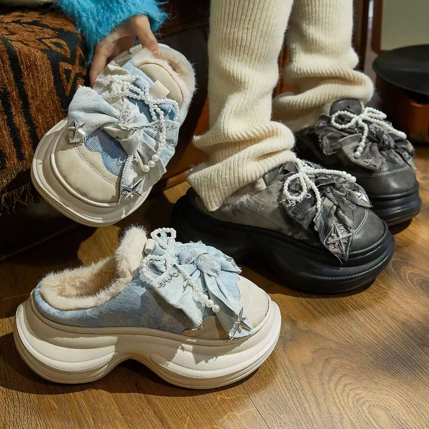 Women's Bow Knot Fur Slippers Blue White Winter - Image 3