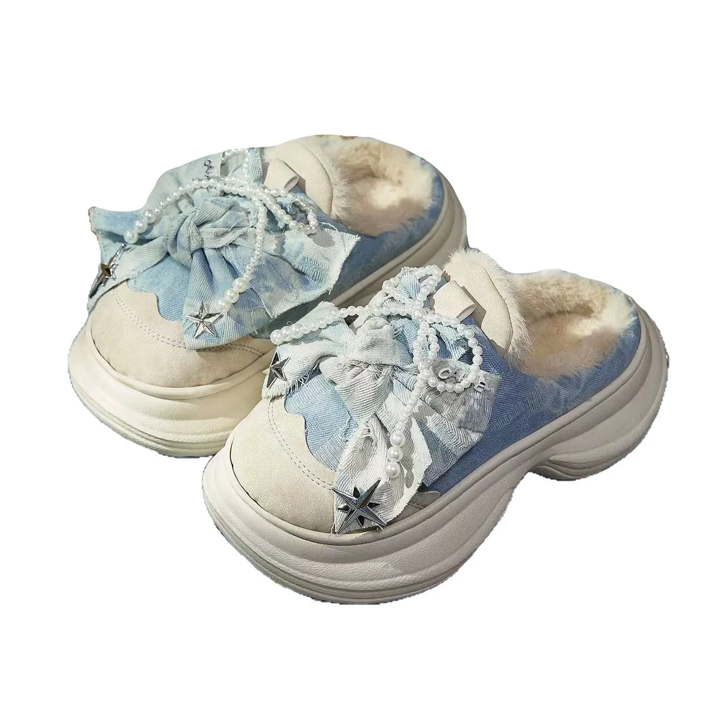 Women's Bow Knot Fur Slippers Blue White Winter - Image 6