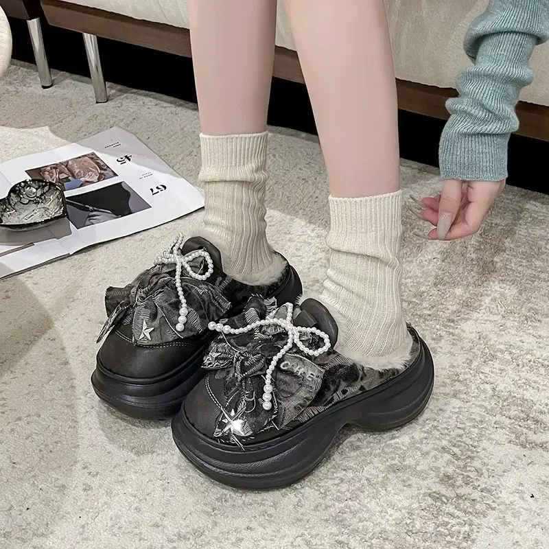 Women's Bow Knot Fur Slippers Blue White Winter — feature 2