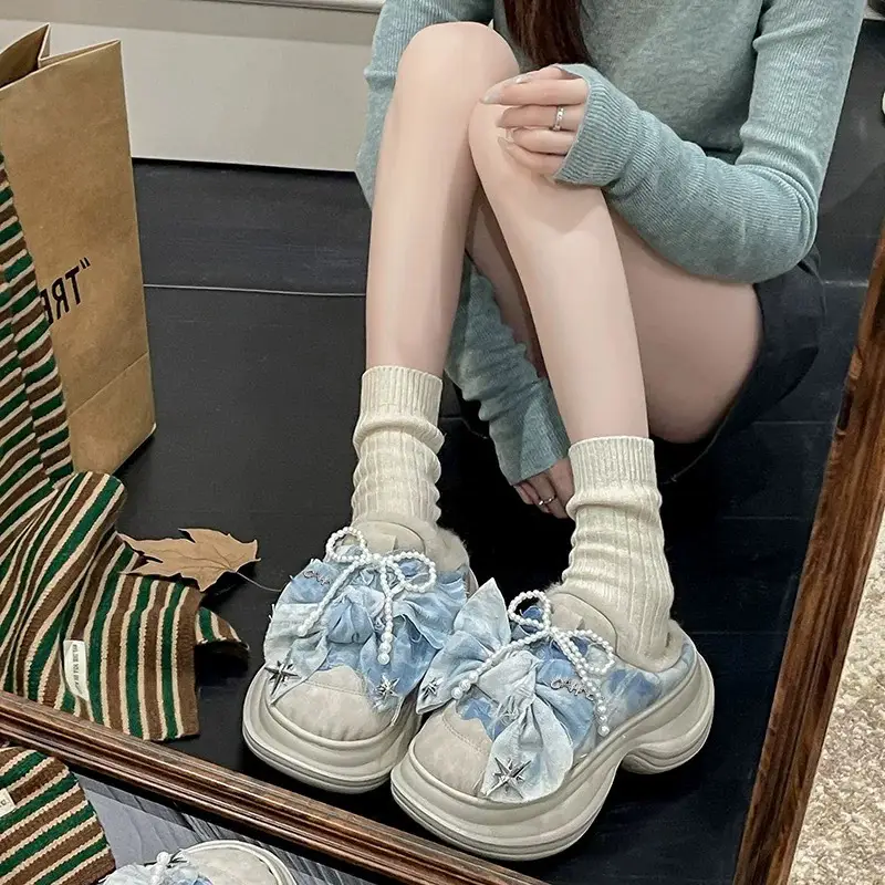 Women's Bow Knot Fur Slippers Blue White Winter — feature 3