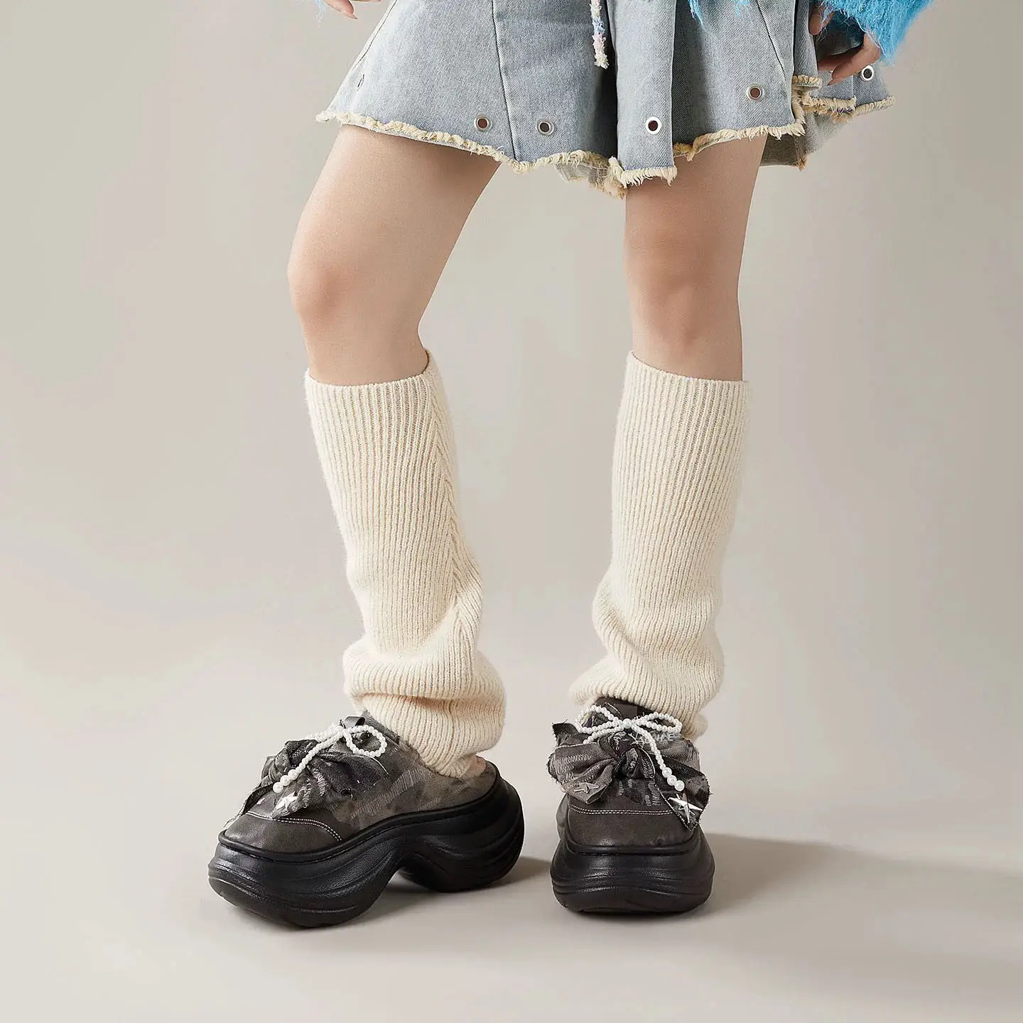 Women's Bow Knot Fur Slippers Blue White Winter — feature 8