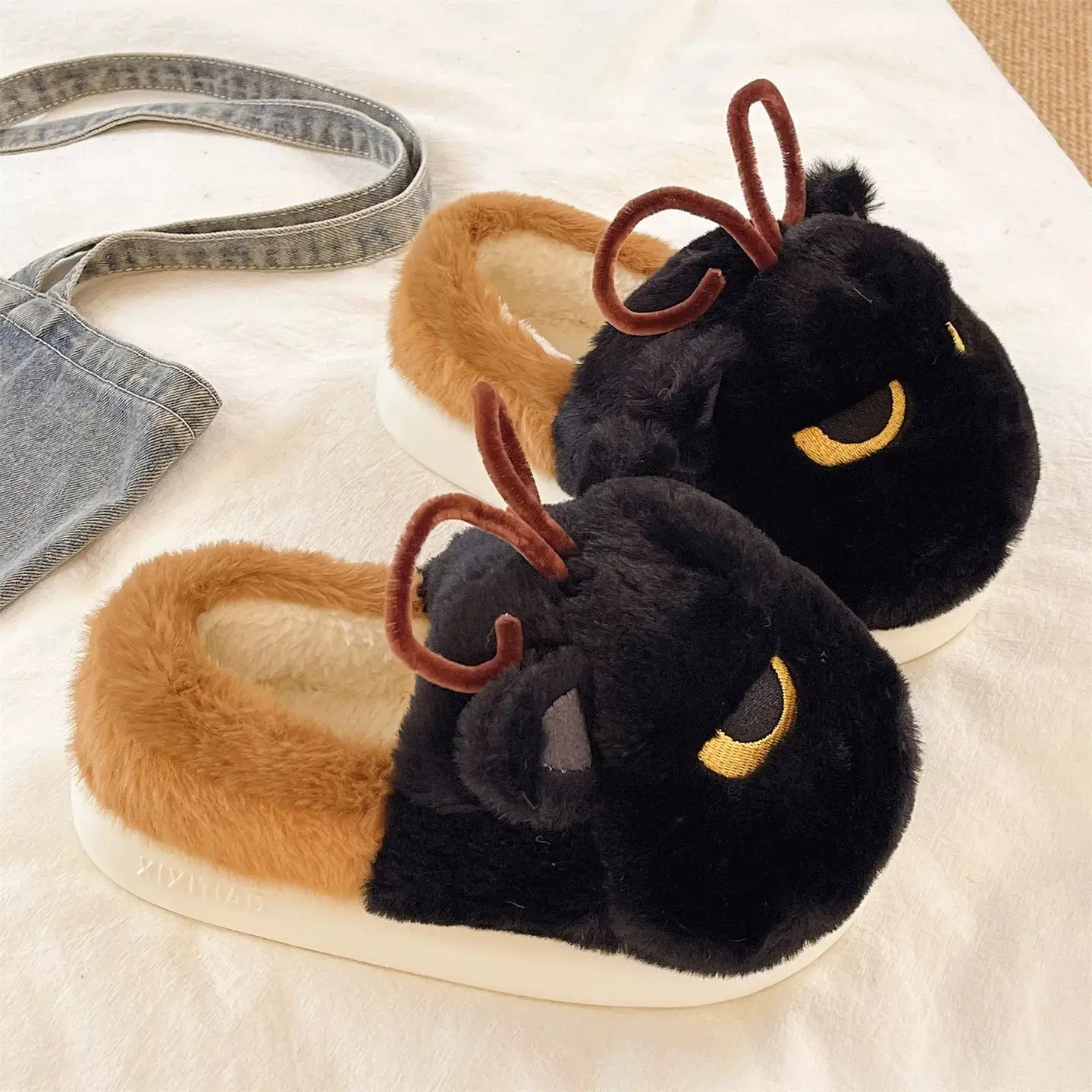 Winter Cat Cat Slippers Black Soft Fleece Lined