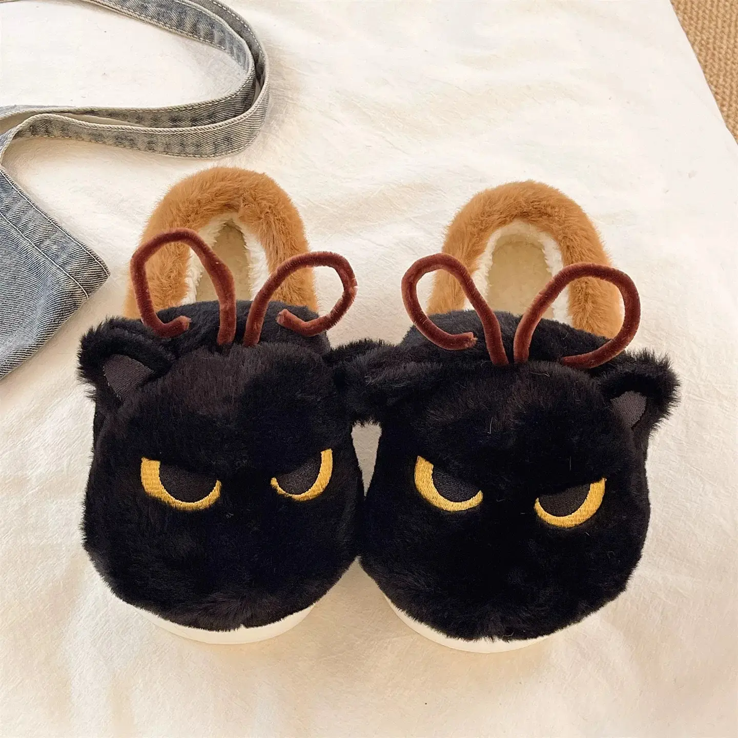 Winter Cat Cat Slippers Black Soft Fleece Lined