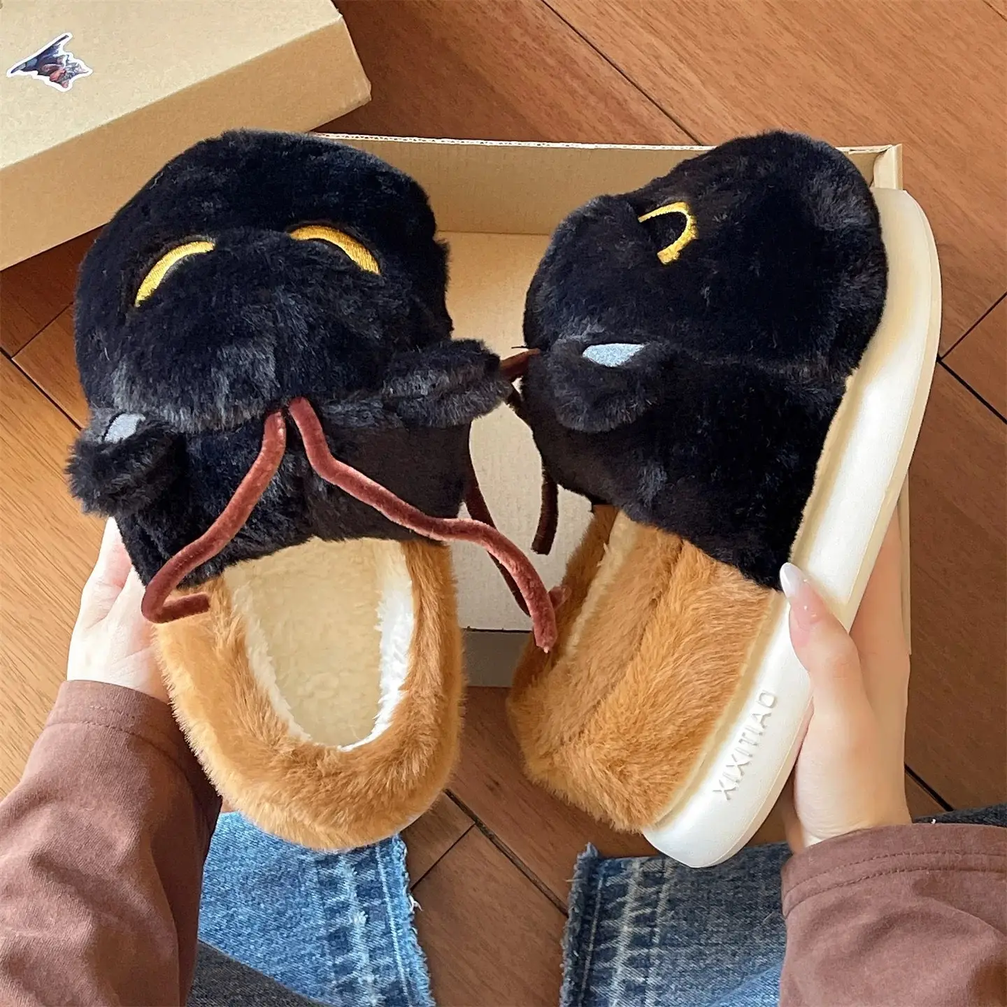 Winter Cat Cat Slippers Black Soft Fleece Lined