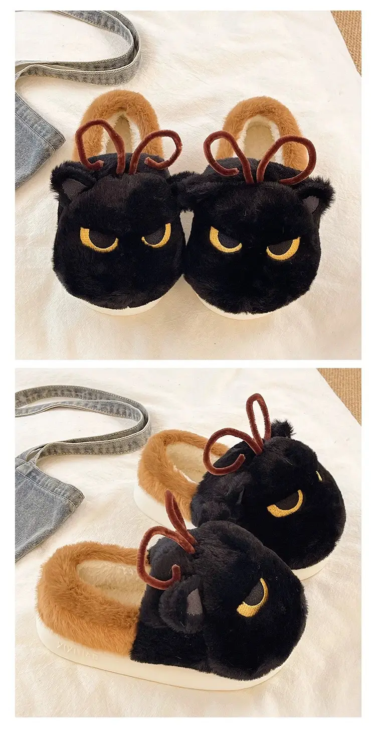 Winter Cat Cat Slippers Black Soft Fleece Lined — feature 4