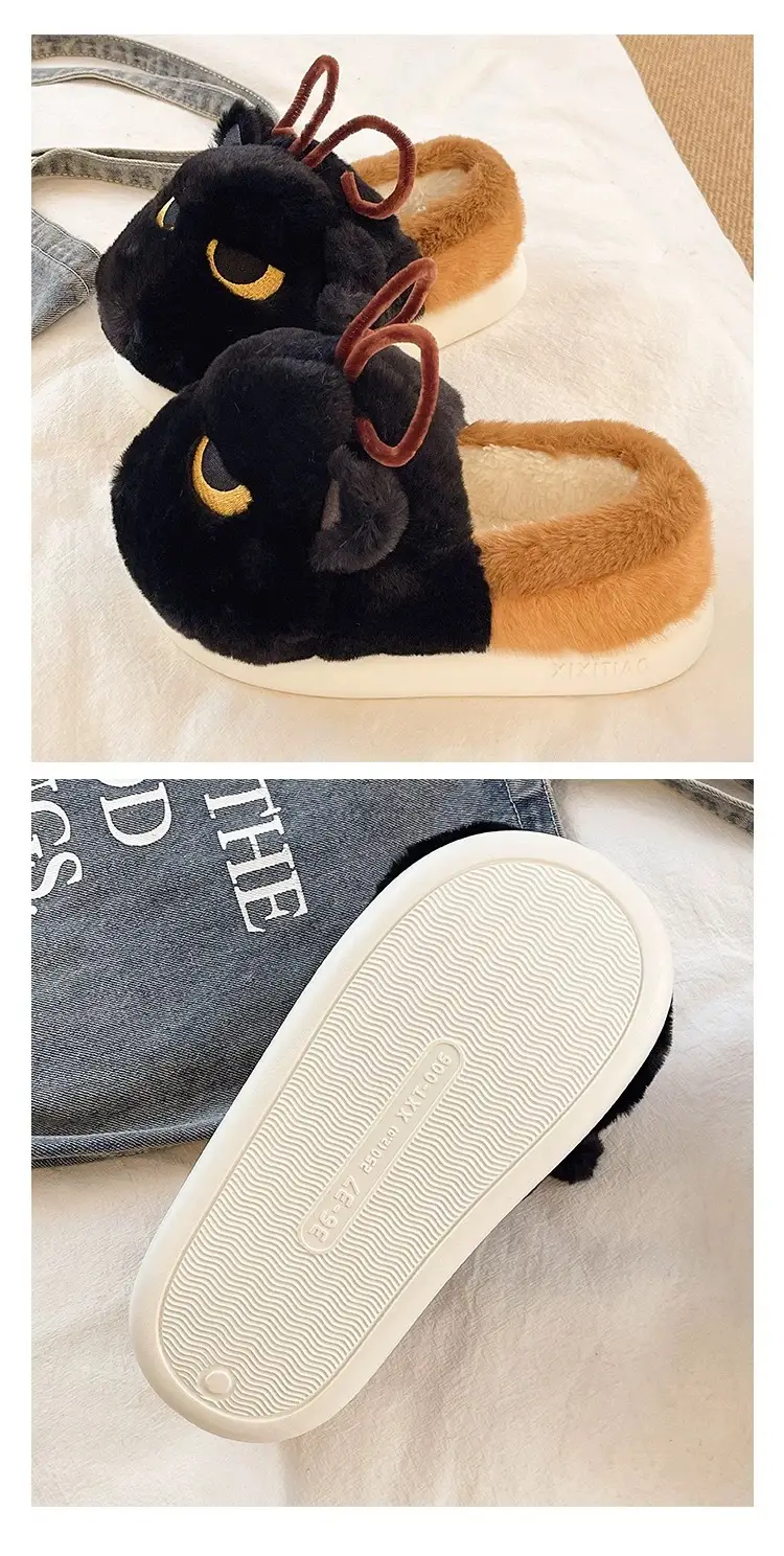 Winter Cat Cat Slippers Black Soft Fleece Lined — feature 5
