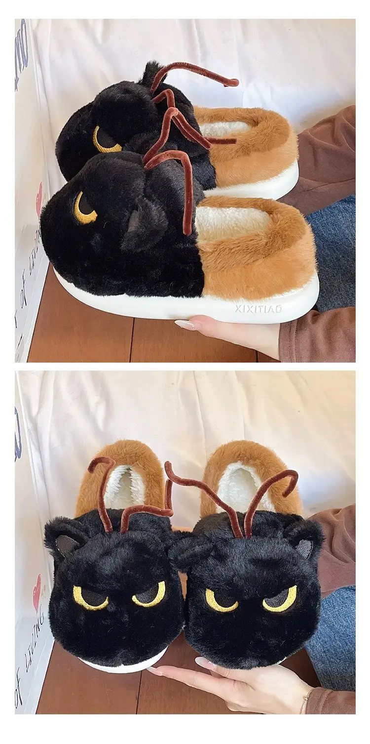 Winter Cat Cat Slippers Black Soft Fleece Lined — feature 6