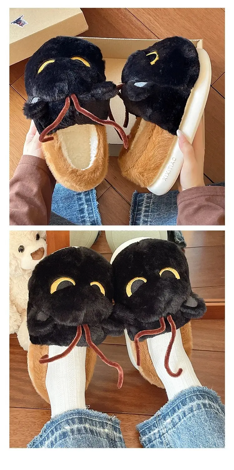 Winter Cat Cat Slippers Black Soft Fleece Lined — feature 7