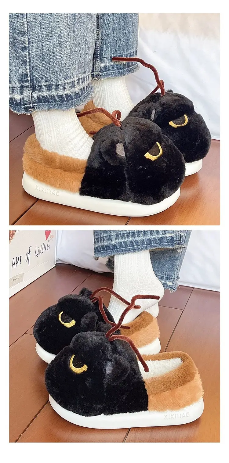 Winter Cat Cat Slippers Black Soft Fleece Lined — feature 8