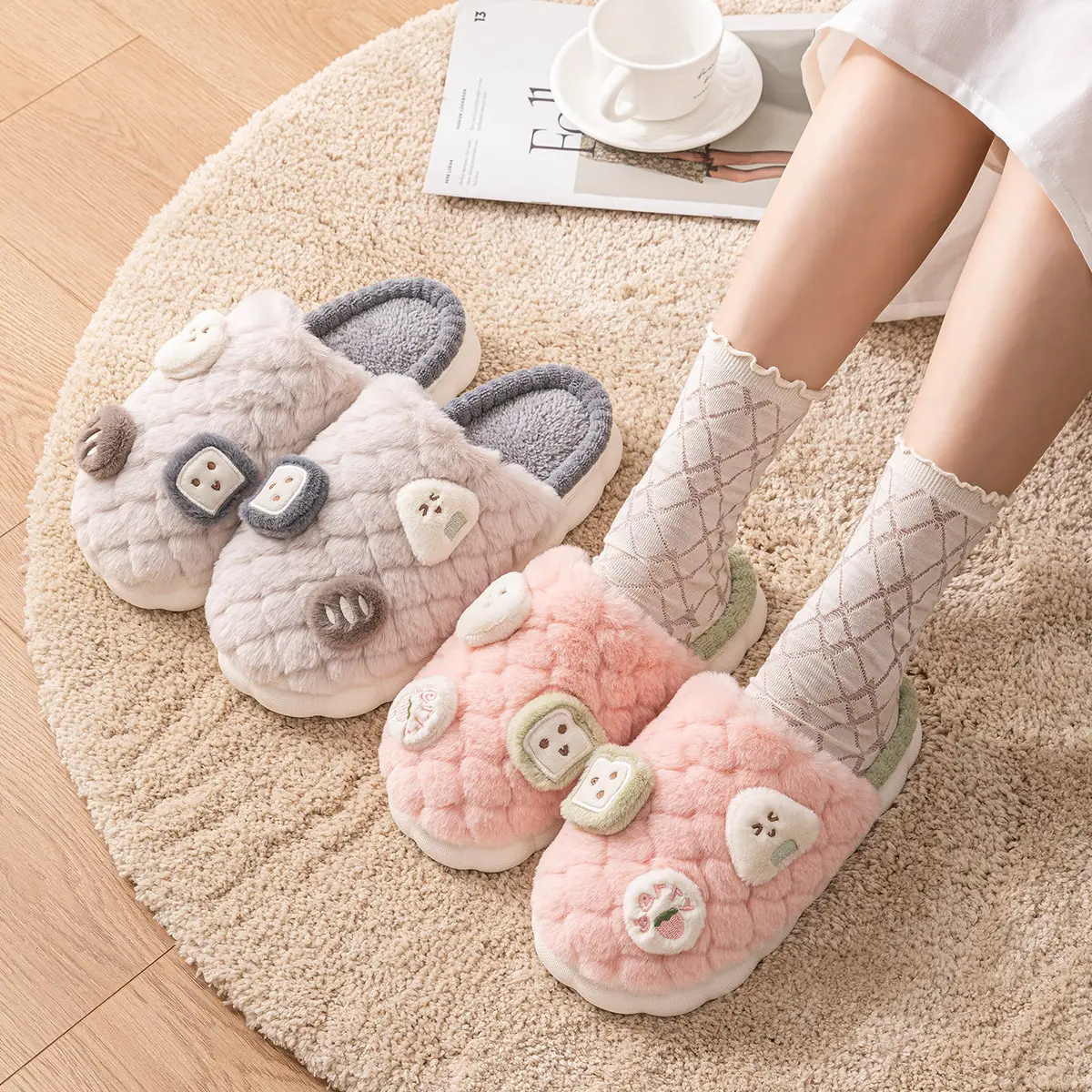 Women Cotton Plush Slippers Pink Green 2023 - Image 7