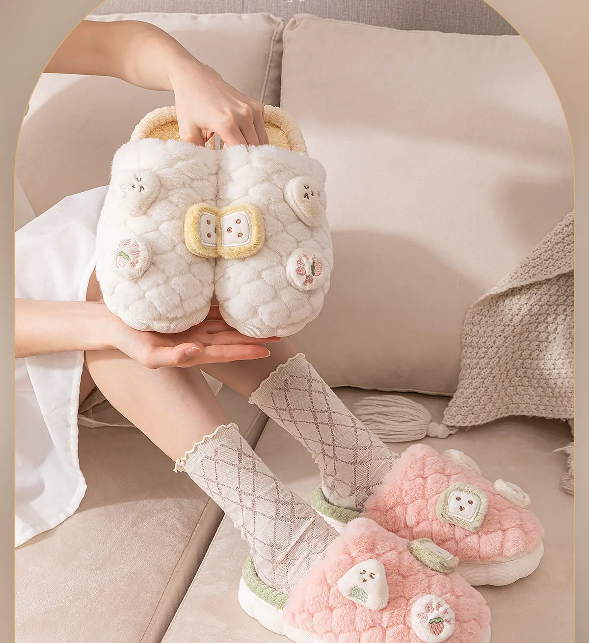 Women Cotton Plush Slippers Pink Green 2023 — feature 11
