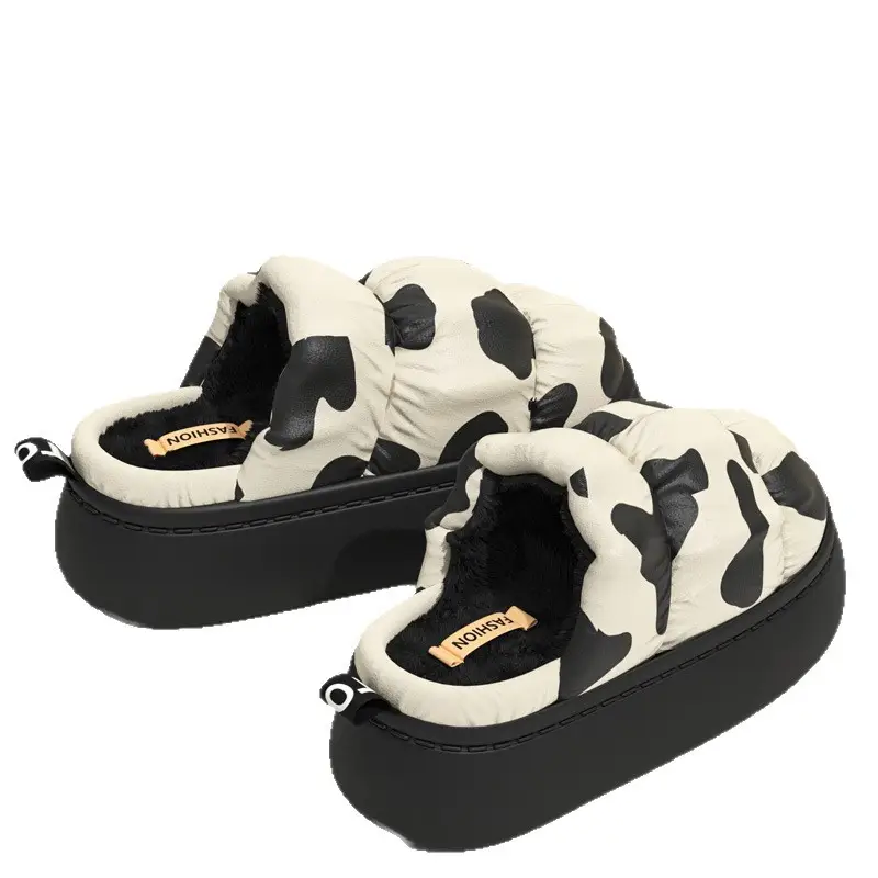 Cow Print Thick Soled Cotton Slippers Black White - Image 8