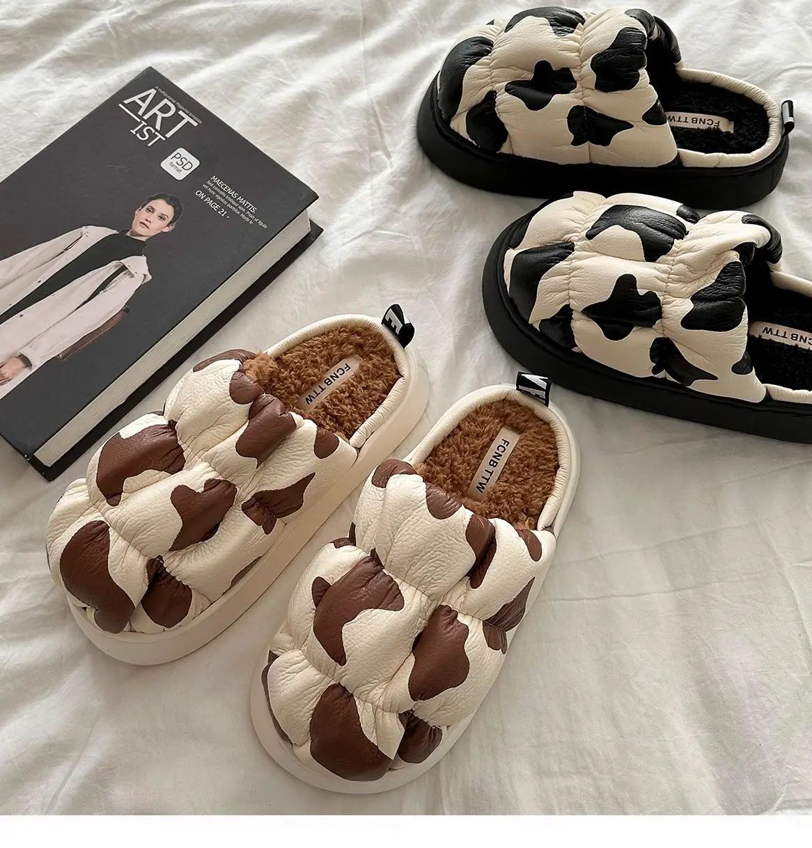 Cow Print Thick Soled Cotton Slippers Black White — feature 1