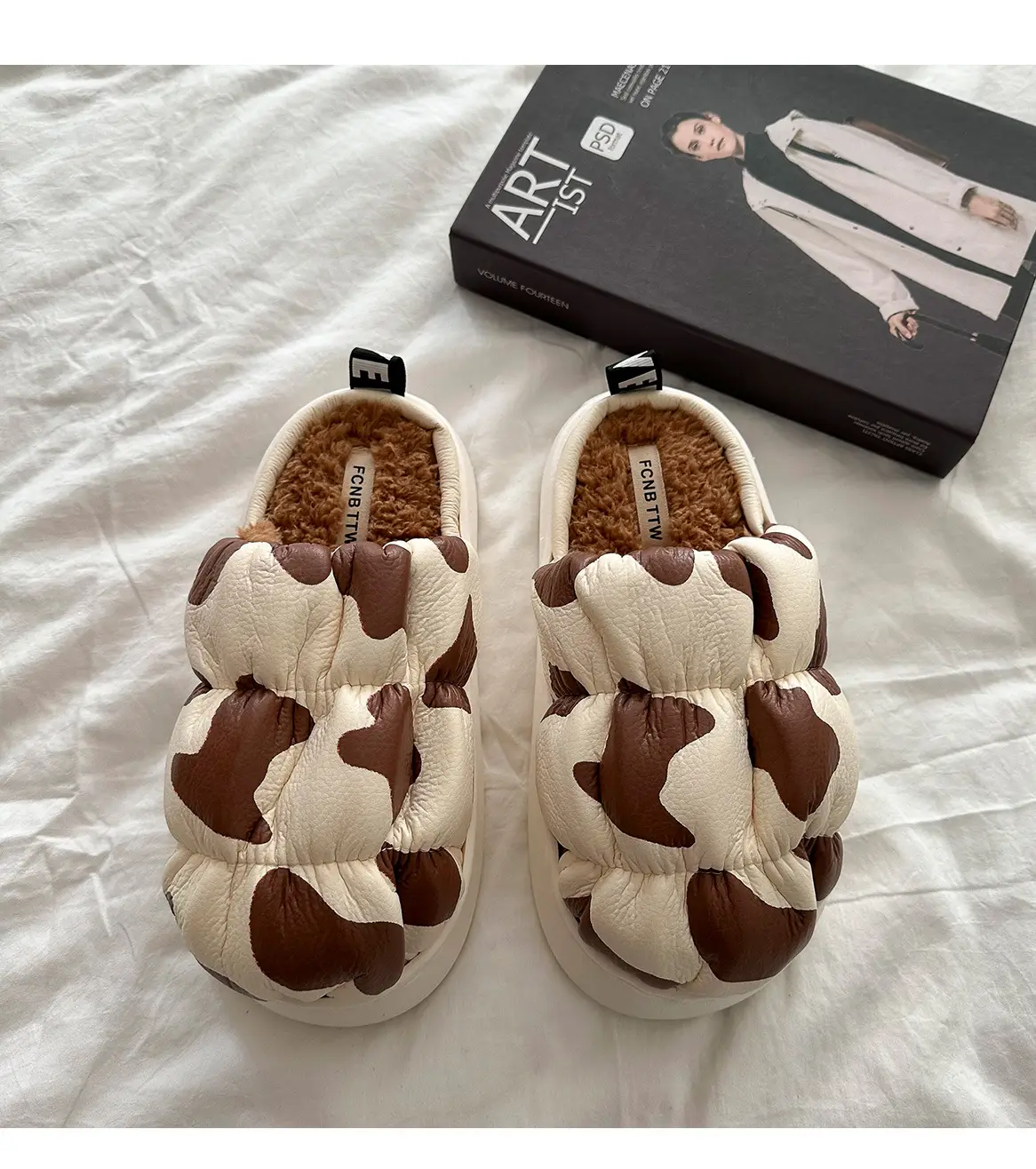 Cow Print Thick Soled Cotton Slippers Black White — feature 10