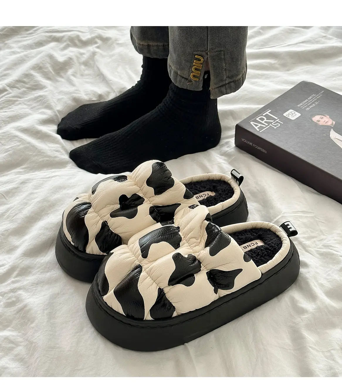 Cow Print Thick Soled Cotton Slippers Black White — feature 13