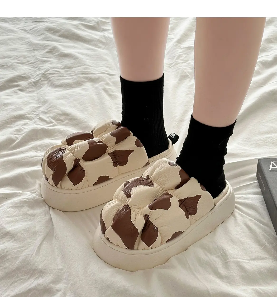 Cow Print Thick Soled Cotton Slippers Black White — feature 14