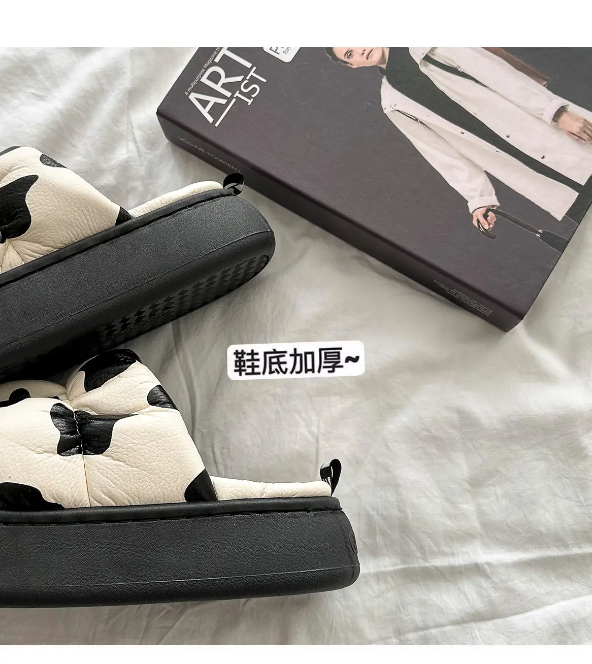 Cow Print Thick Soled Cotton Slippers Black White — feature 3