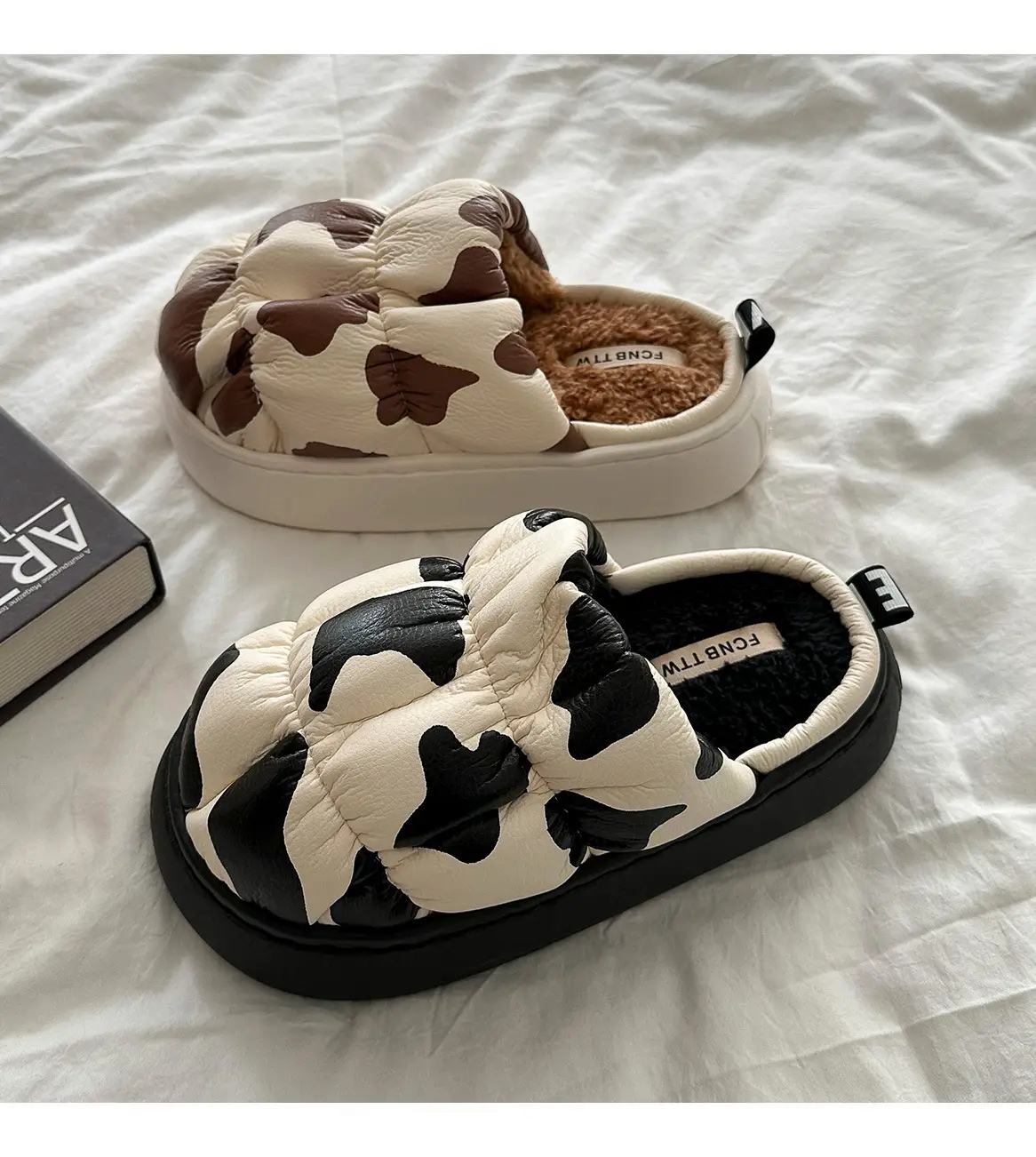 Cow Print Thick Soled Cotton Slippers Black White — feature 7