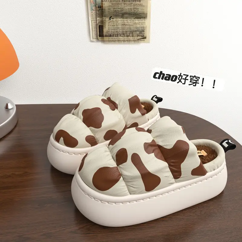 Cow Print Thick Soled Cotton Slippers Black White - Image 3