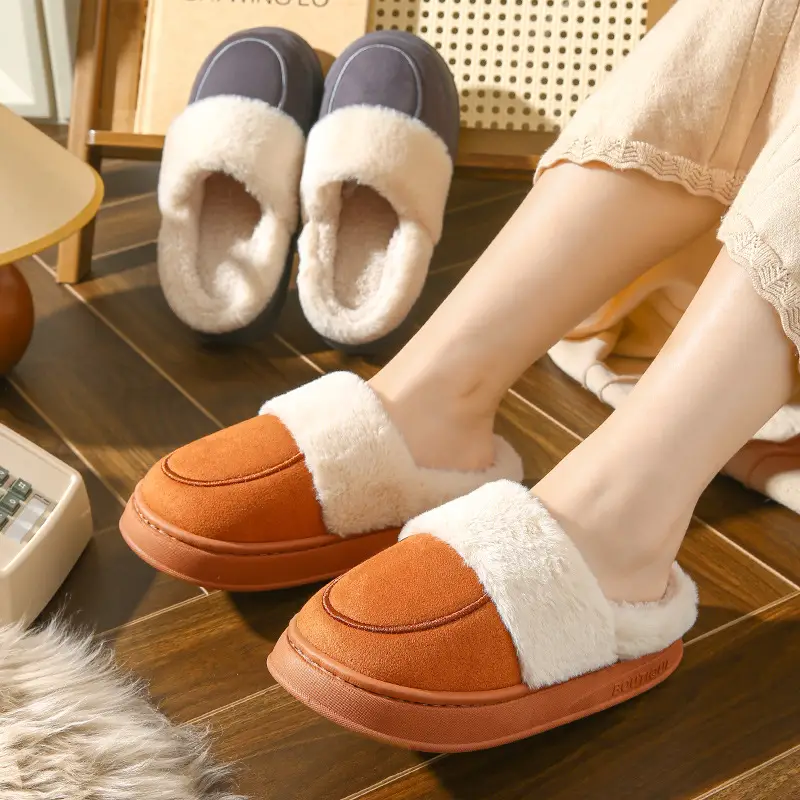 Thick-Soled Cotton Slippers for Men and Women in Autumn and Winter Home Indoor Household Non-Slip Couples Warm Half-Pack Furry Slippers Wholesale