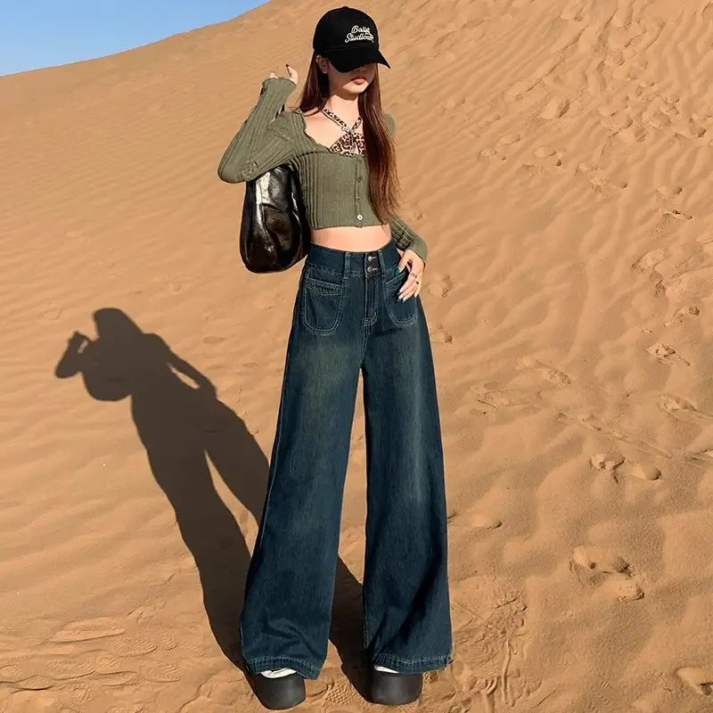 Dark Blue Wide Leg Jeans for Women Autumn Winter
