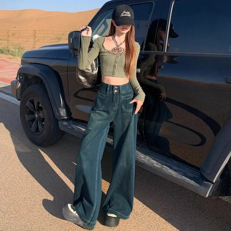Dark Blue Wide Leg Jeans for Women Autumn Winter