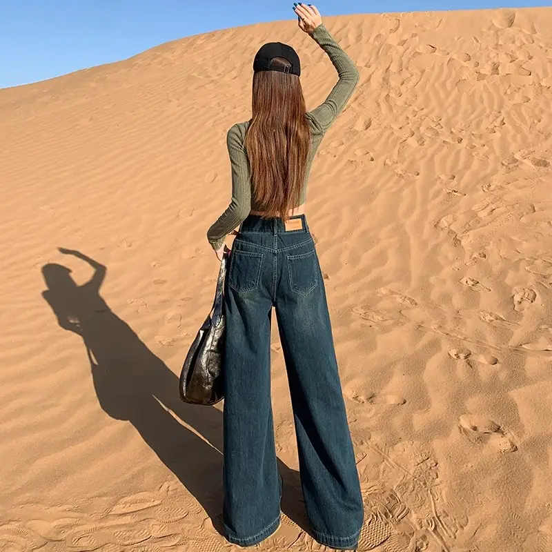 Dark Blue Wide Leg Jeans for Women Autumn Winter