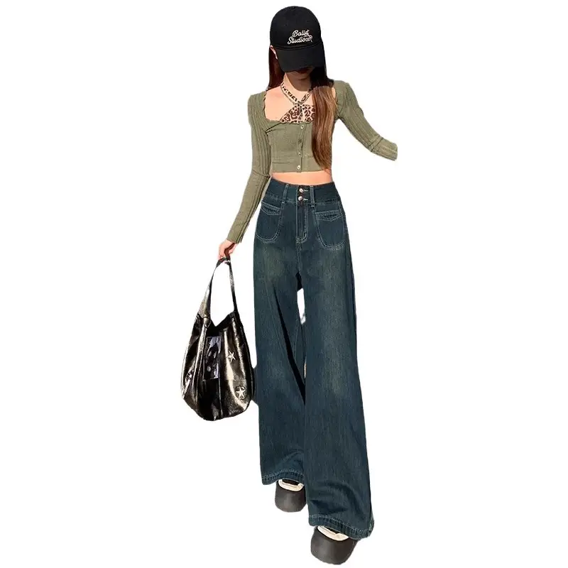 Dark Blue Wide Leg Jeans for Women Autumn Winter