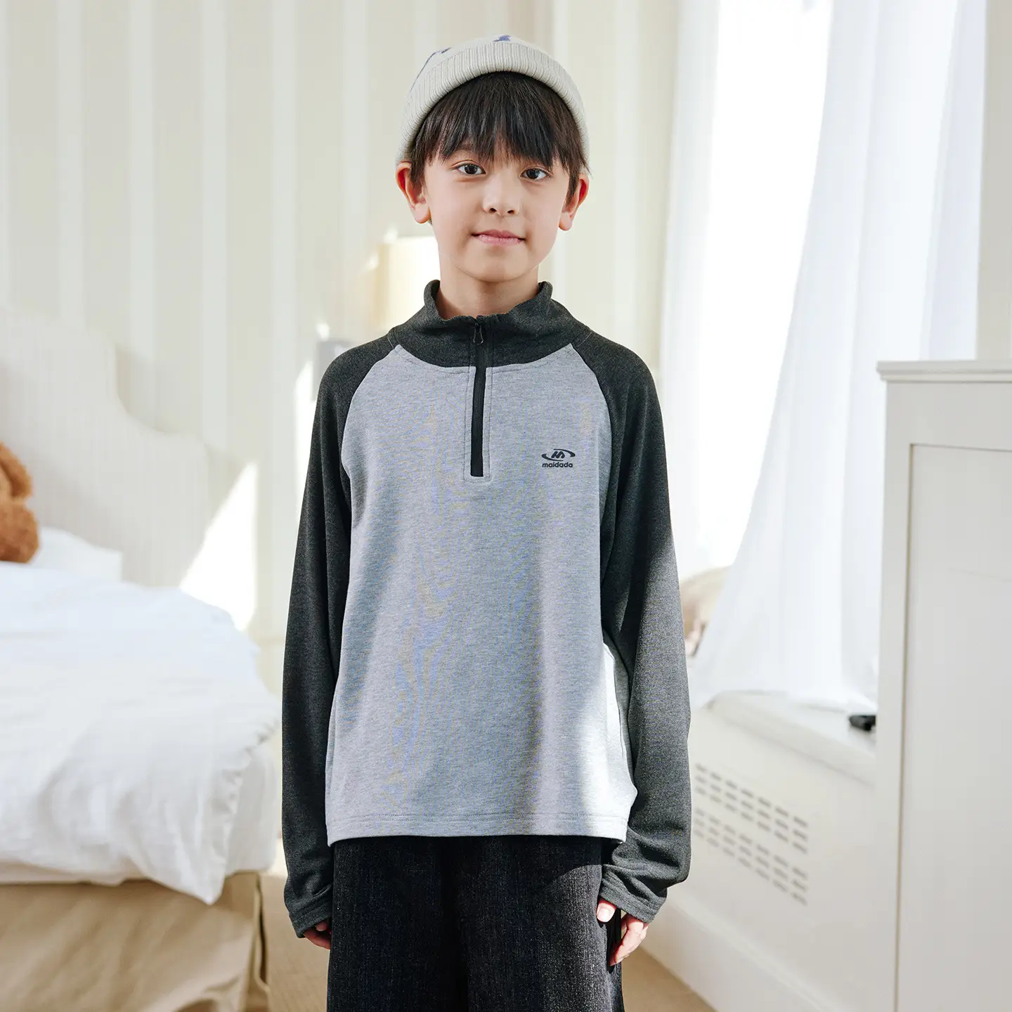 Kids Self-Heating T-Shirt Brown Beige Zipper Hood
