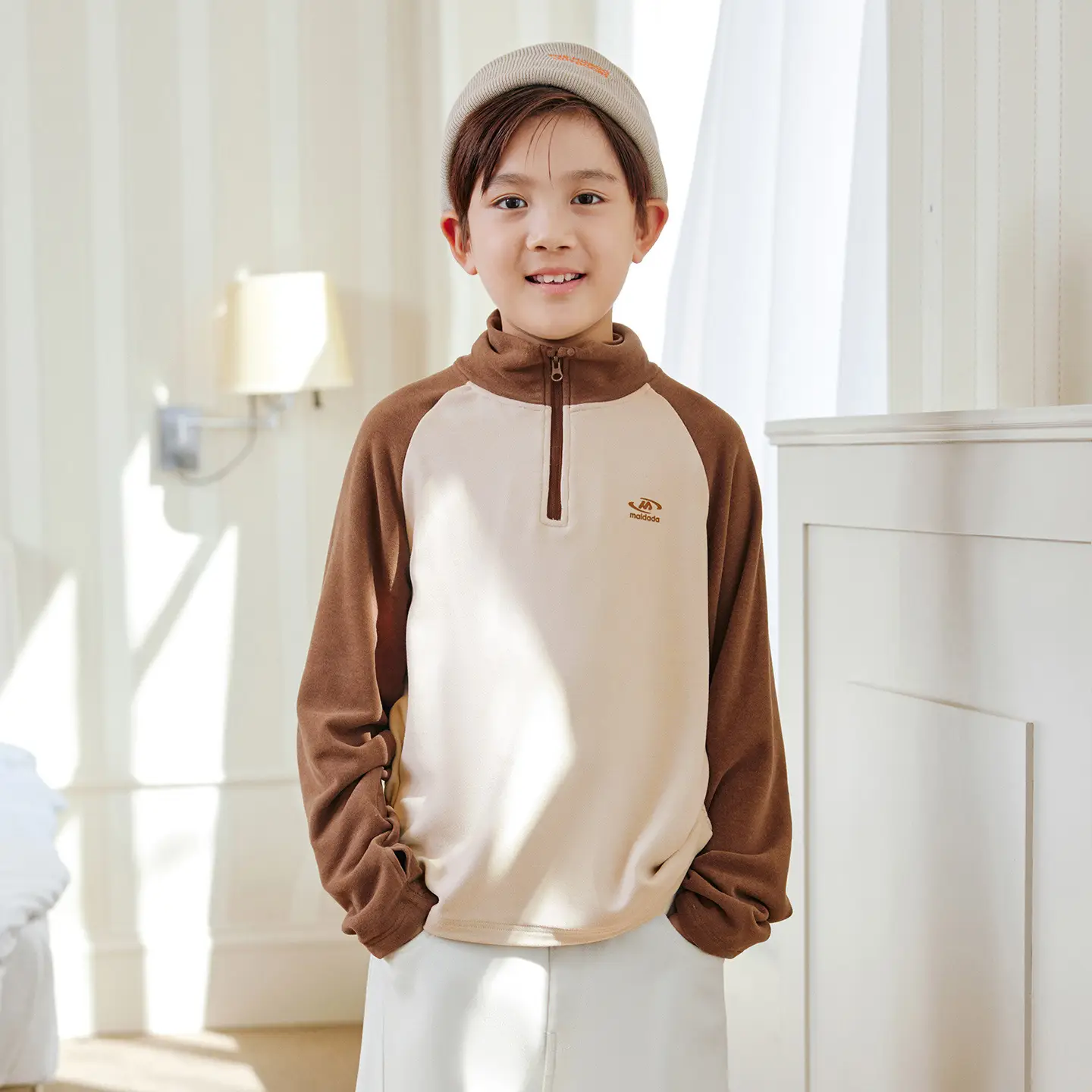 Kids Self-Heating T-Shirt Brown Beige Zipper Hood