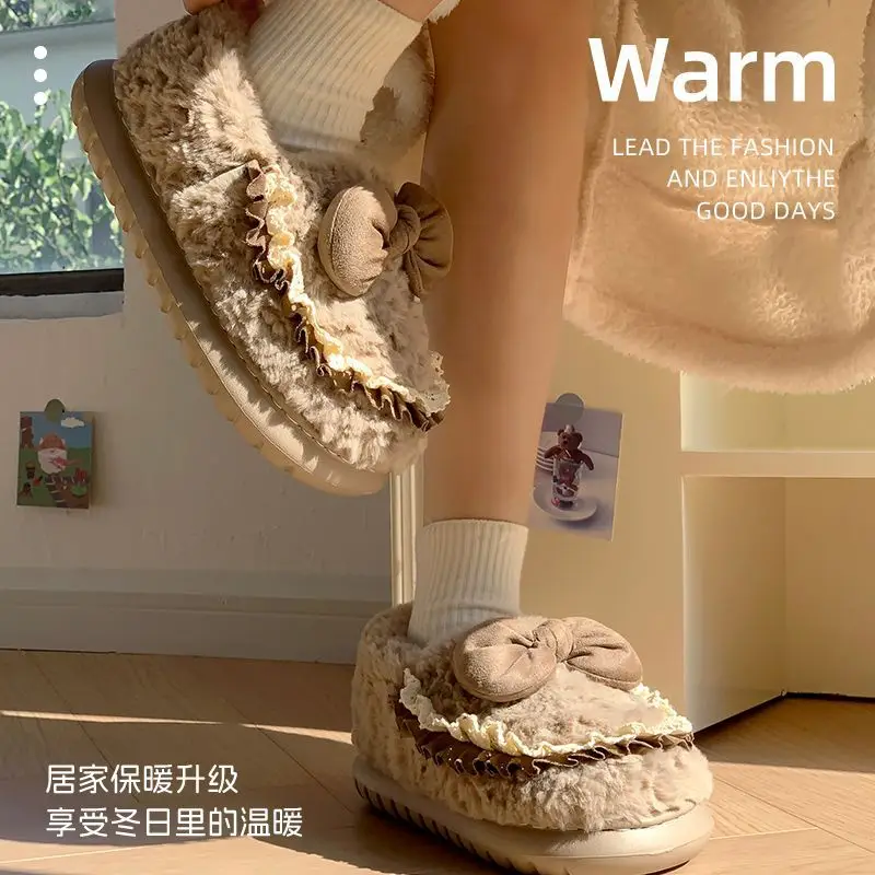 Cute Furry Indoor Home Slippers for Women with Bowknot, Thickened and Warm for Winter - Image 5