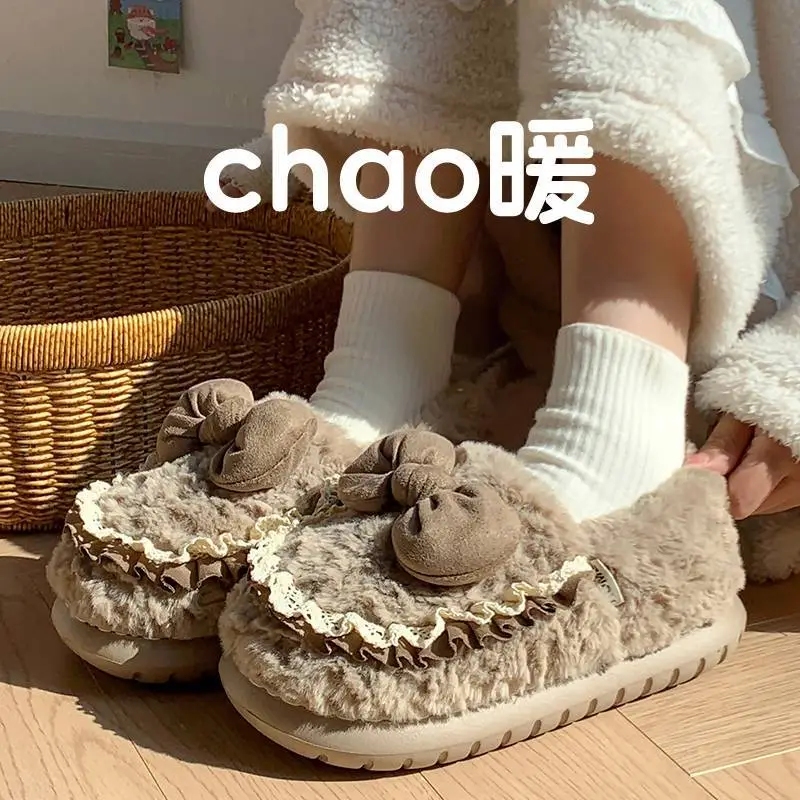 Cute Furry Indoor Home Slippers for Women with Bowknot, Thickened and Warm for Winter - Image 6