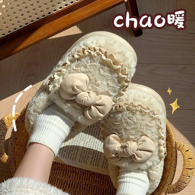 Cute Furry Indoor Home Slippers for Women with Bowknot, Thickened and Warm for Winter - Image 7