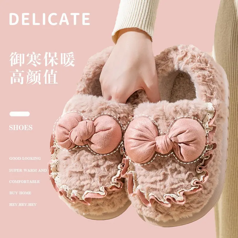 Cute Furry Indoor Home Slippers for Women with Bowknot, Thickened and Warm for Winter - Image 8