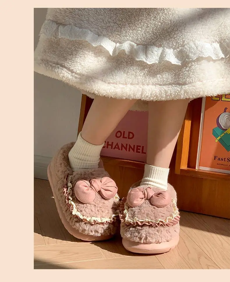 Cute Furry Indoor Home Slippers for Women with Bowknot, Thickened and Warm for Winter — feature 7