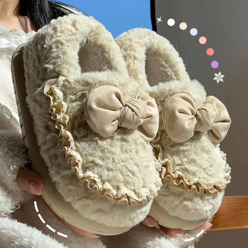 Cute Furry Indoor Home Slippers for Women with Bowknot, Thickened and Warm for Winter - Image 2