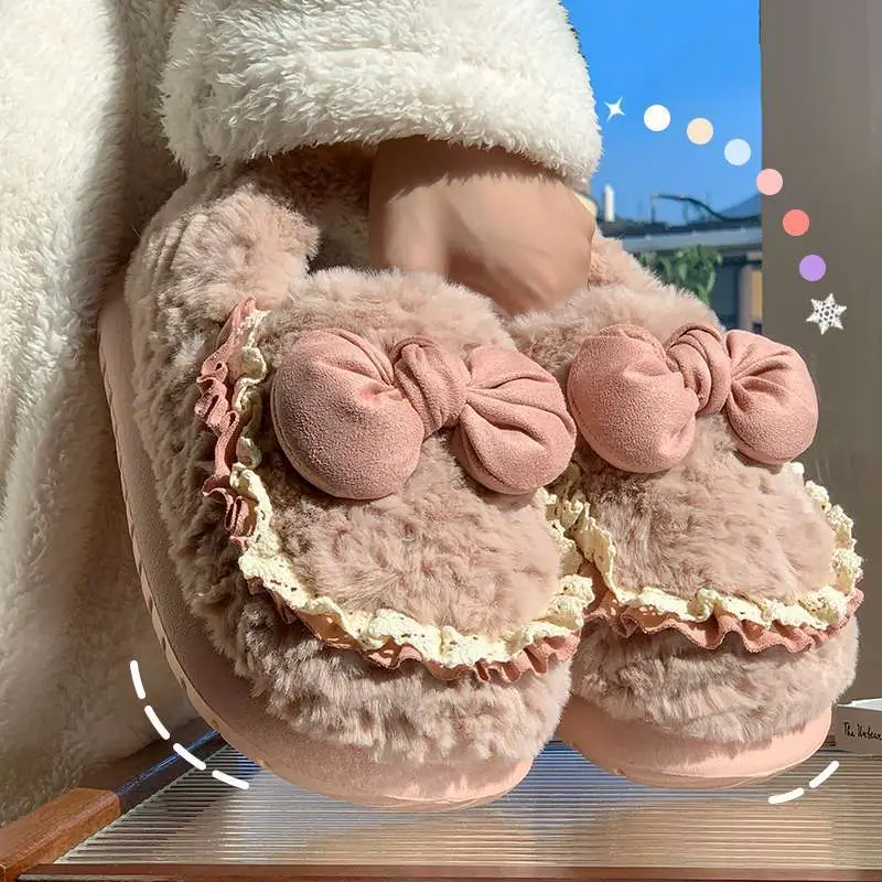 Cute Furry Indoor Home Slippers for Women with Bowknot, Thickened and Warm for Winter - Image 3
