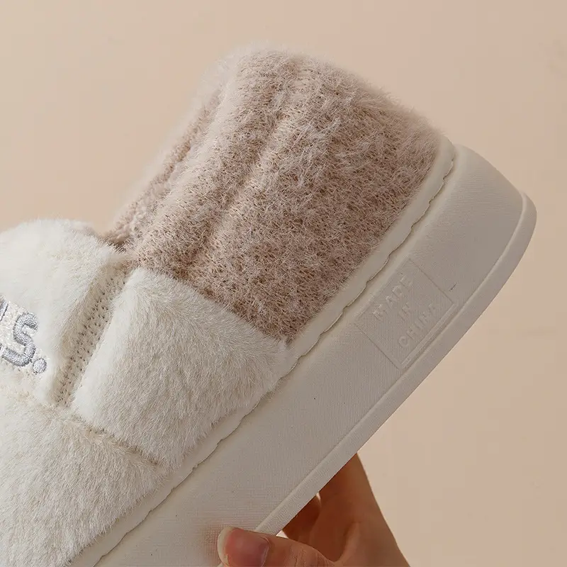 Women Winter Fleece Lined Heeled Slippers Cream - Image 7