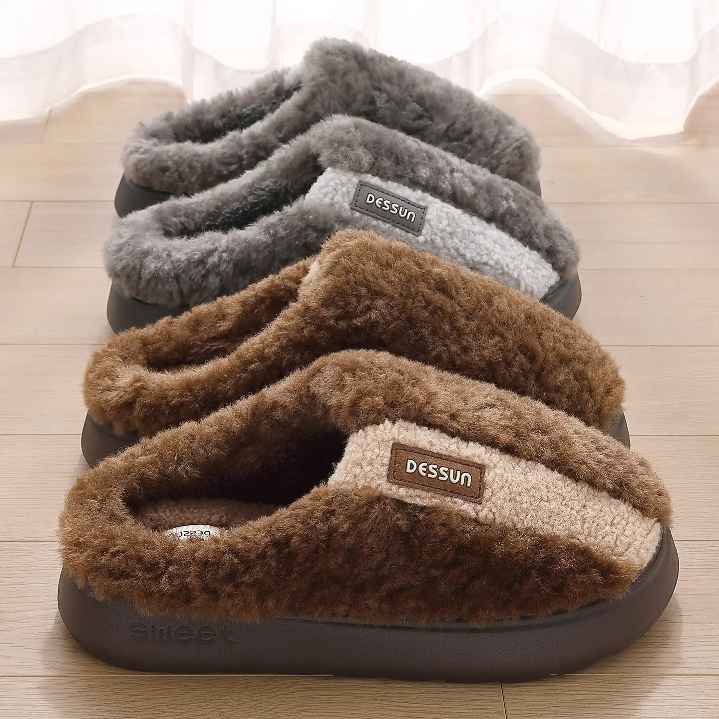 Men Winter Plush Slippers Brown Non-Slip