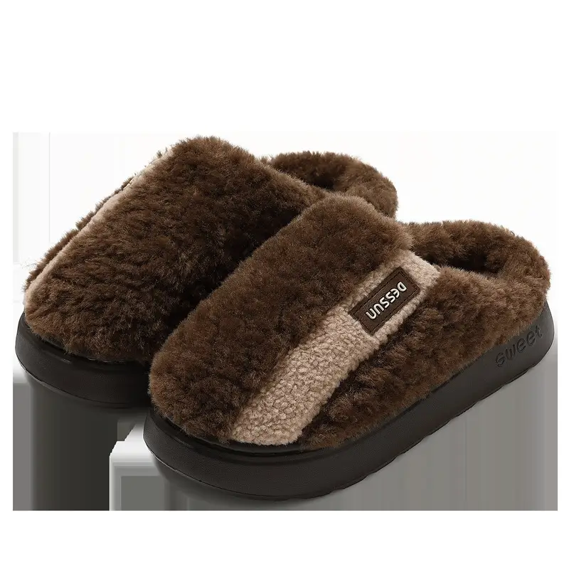 Men Winter Plush Slippers Brown Non-Slip
