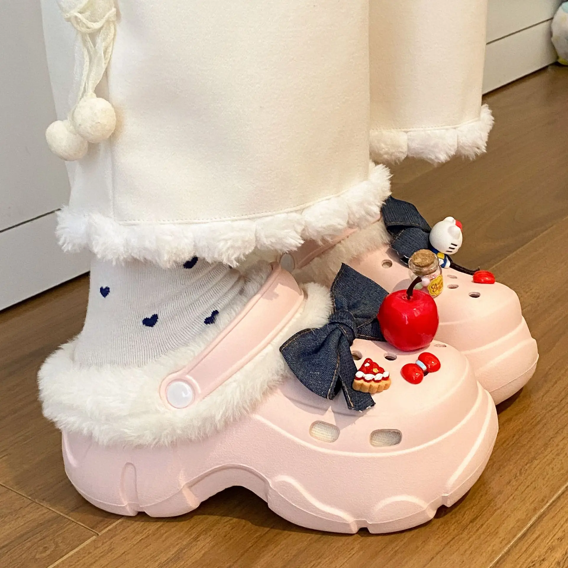 Women's Fleece Lined Winter Slippers Black White - Image 5
