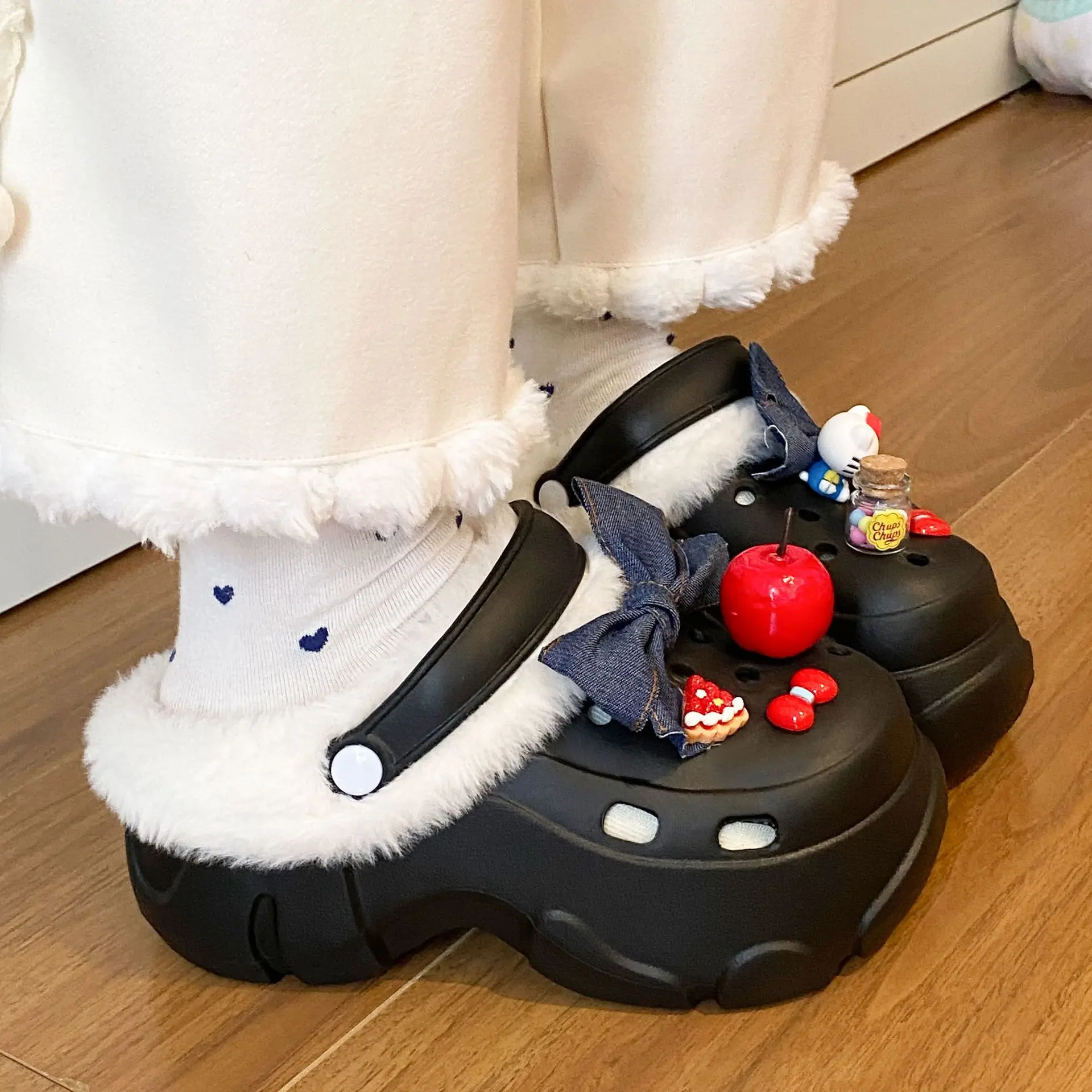 Women's Fleece Lined Winter Slippers Black White - Image 8